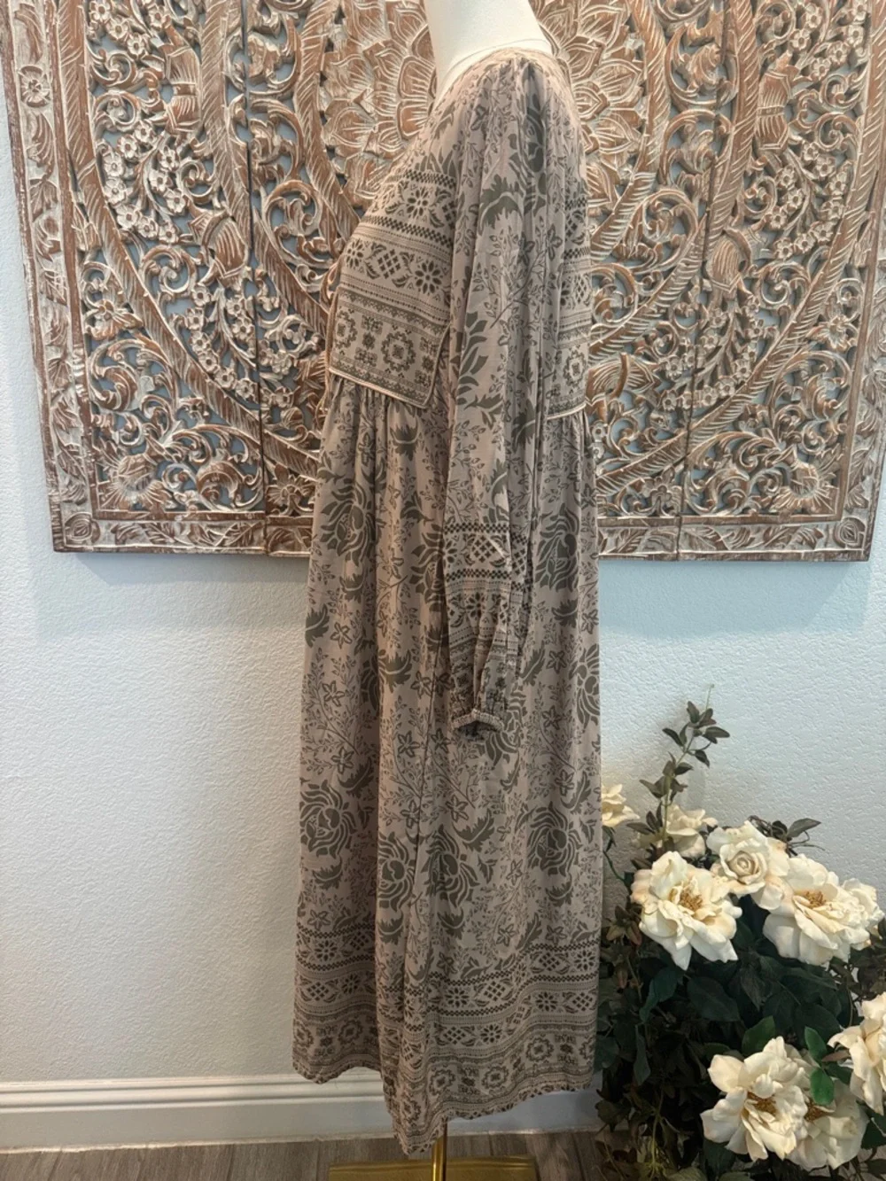 R. Vivimos Cream& Sage Bohemian Floral Flowy Midi Dress, Lightweight Comfy! - Picture 7 of 16